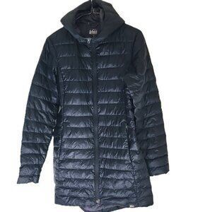 REI Co-op Women's Down Puffer Hooded Long Black Jacket Size Small